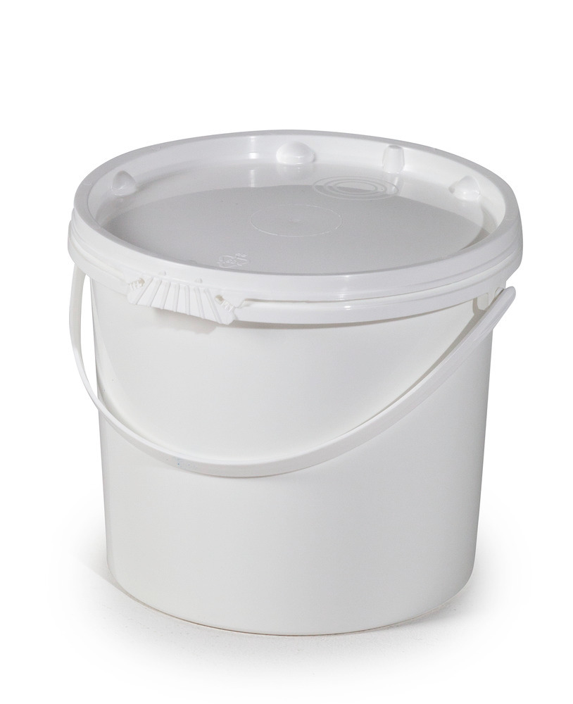 UN kbelík z PP, objem 11 litrů, bílý s víkem a plastovým madlem, BJ = 10 kusů