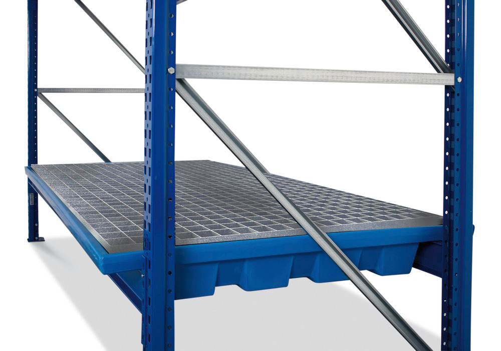 Pallet racking sump KRW 27.11, polyethylene, steel grid, for 2700mm shelf width, 205 litre capacity - 1