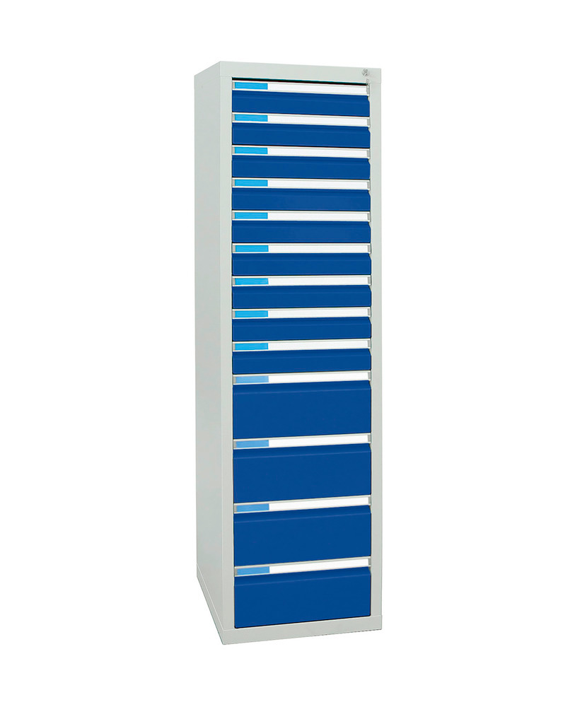 Laatikostokaappi Esta, jossa 13 vetolaatikkoa, harmaa/sininen, L 500 mm, K 1800 mm - 2