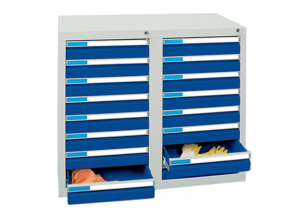 Laatikostokaappi Esta, jossa 16 vetolaatikkoa, harmaa/sininen, L 1000 mm, K 900 mm - 1