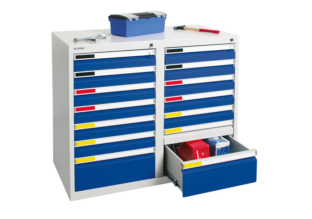 Drawer cabinet Movaflex 500, 14 drawers, light grey/gentian blue, W 1000 mm, H 900 mm - 1