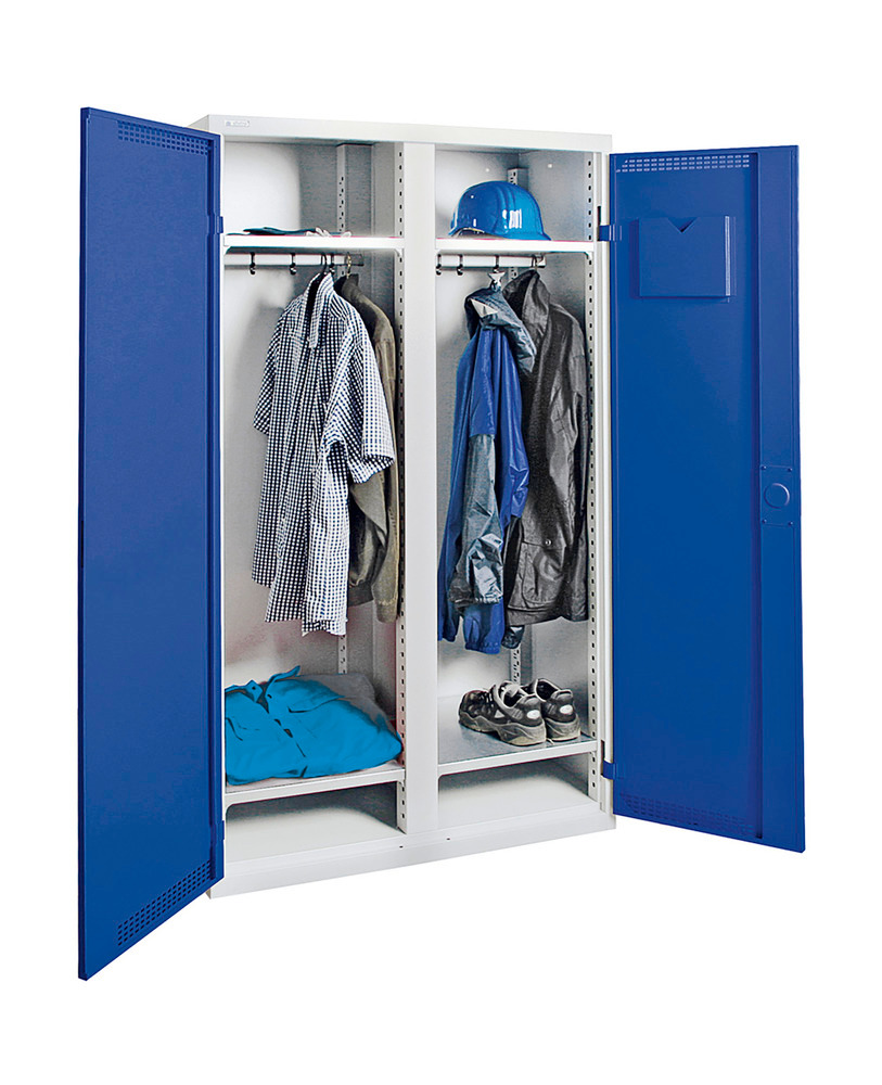 Garderobeskap Esta, 4 hyller, skillevegg, lysegrått kabinett, blå dører, B 1000 mm, H 1800 mm - 1