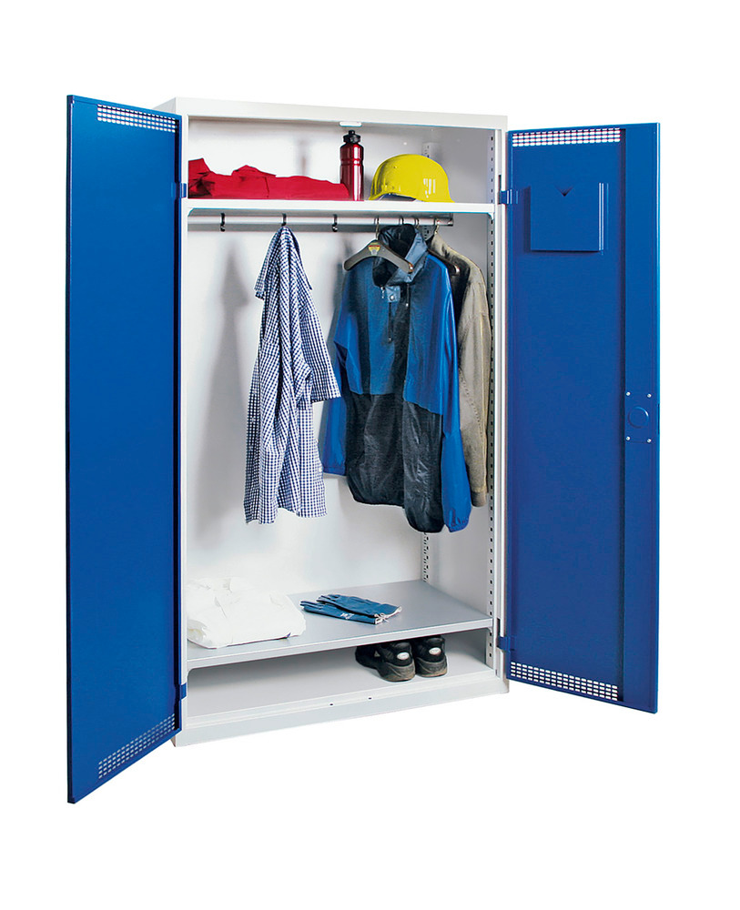 Taquilla guardarropa, 2 estantes, cuerpo gris claro, puertas azul genciana, A 1000 mm, H 1800 mm - 1