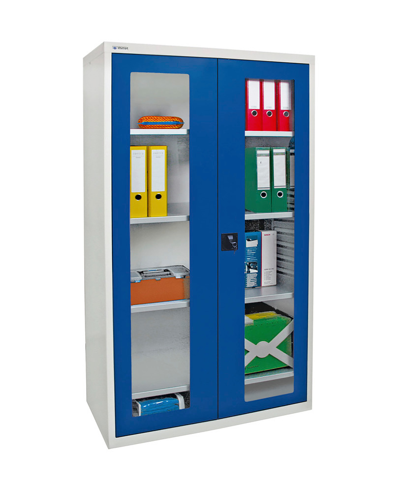 Skab Esta med rude, 4 hylder, lysegrå kabinet, blå døre, B 1000 mm, H 1800 mm