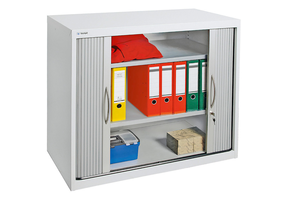 Roller shutter cabinet Esta, 2 shelves, body light grey, shutter white alu, W 1000 mm, H 900 mm - 1