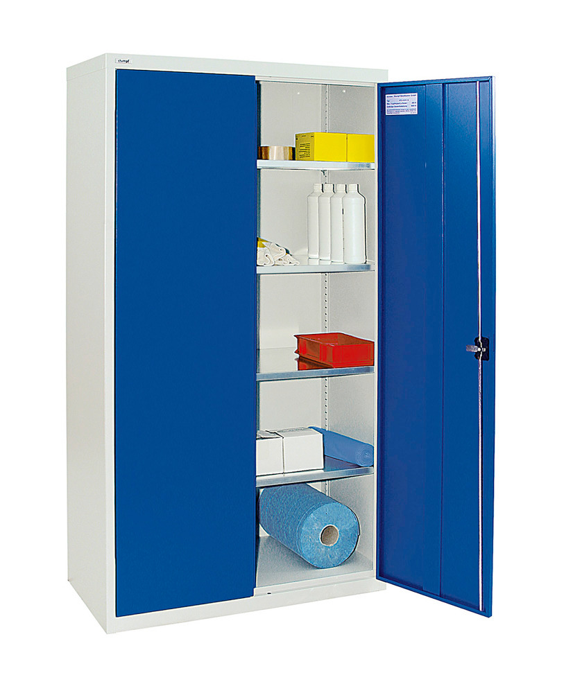 Wing door cabinet Esta, 4 galv. shelves body light grey, door gentian blue, W 1000 mm, H 1800 mm - 1