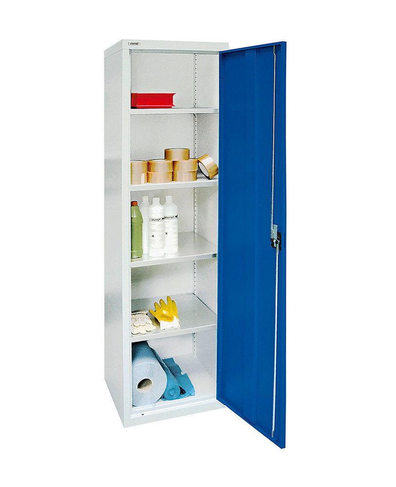 Skap Esta med fløydører, 4 galvaniserte hyller, lysegrått kabinett, blå dør, B 500 mm, H 1800 mm - 1