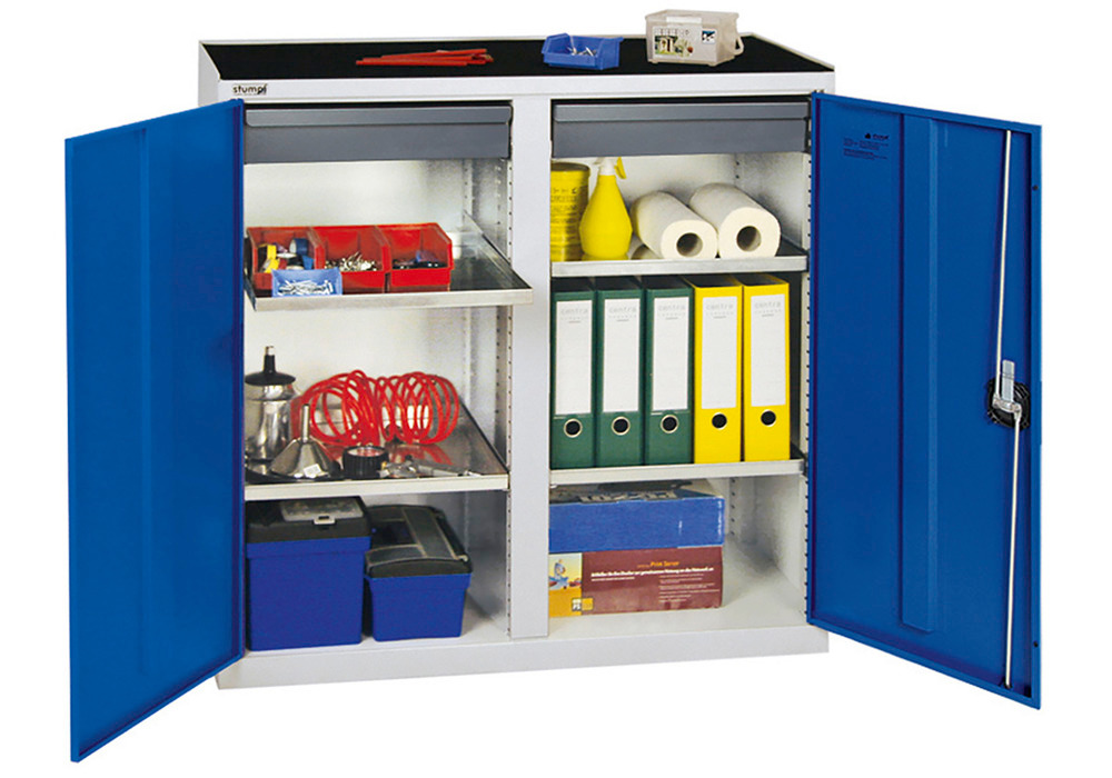 Tool and equipment cabinet Professional 3000, 2 drawers, 4 spill trays, grey/blue, W 1000 mm - 1