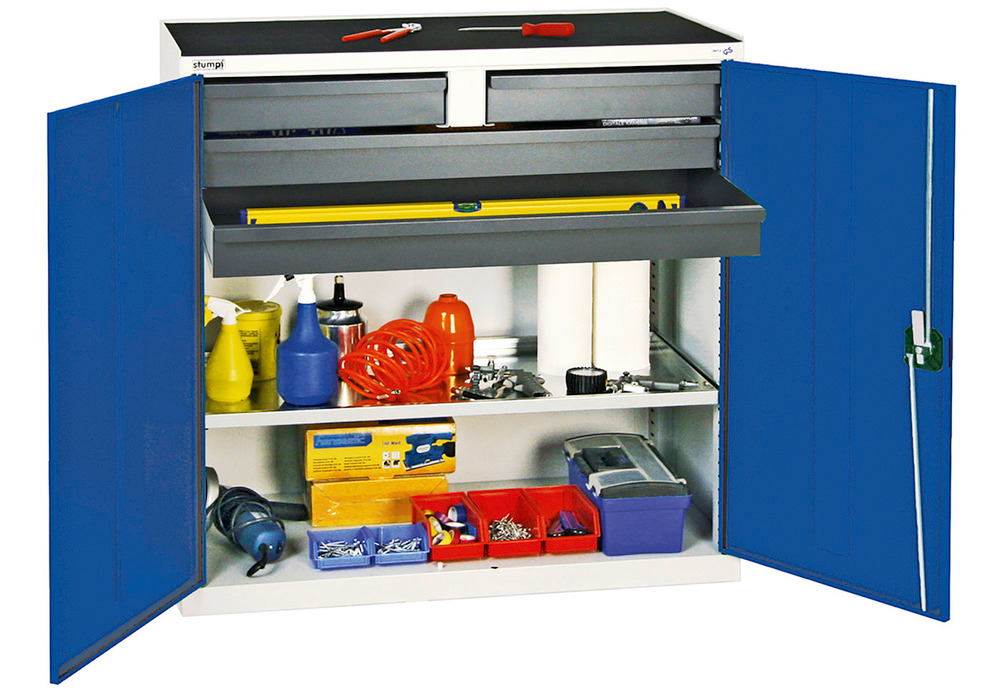 Gereedschaps- en materiaalkast Professional 3000, w. 4 laden, 1 legplank, grijs/blauw, B 1000 mm - 1