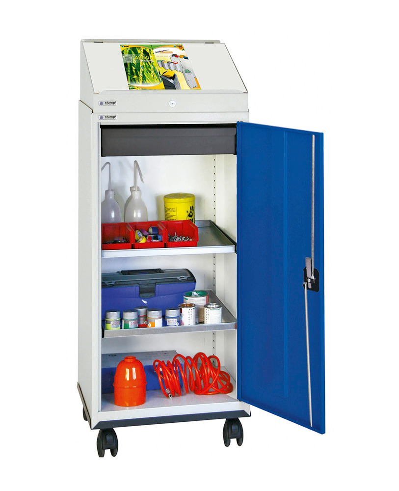 Skrivepult med skab, 1 skuffe, 2 hylder, grå/blå, med hjul, B 500 mm - 1