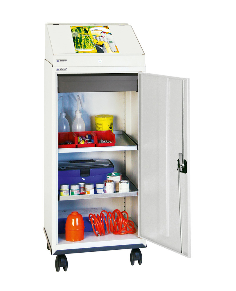 Skrivepult med skab, 1 skuffe, 2 hylder, grå, med hjul, B 500 mm - 1