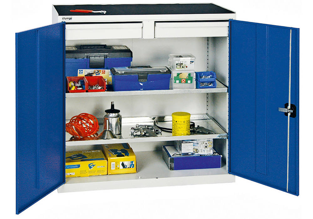 Armário ferramentas e materiais Professional 2000, 2 gavetas e 2 estantes, cinza/azul, A 1000 mm - 1