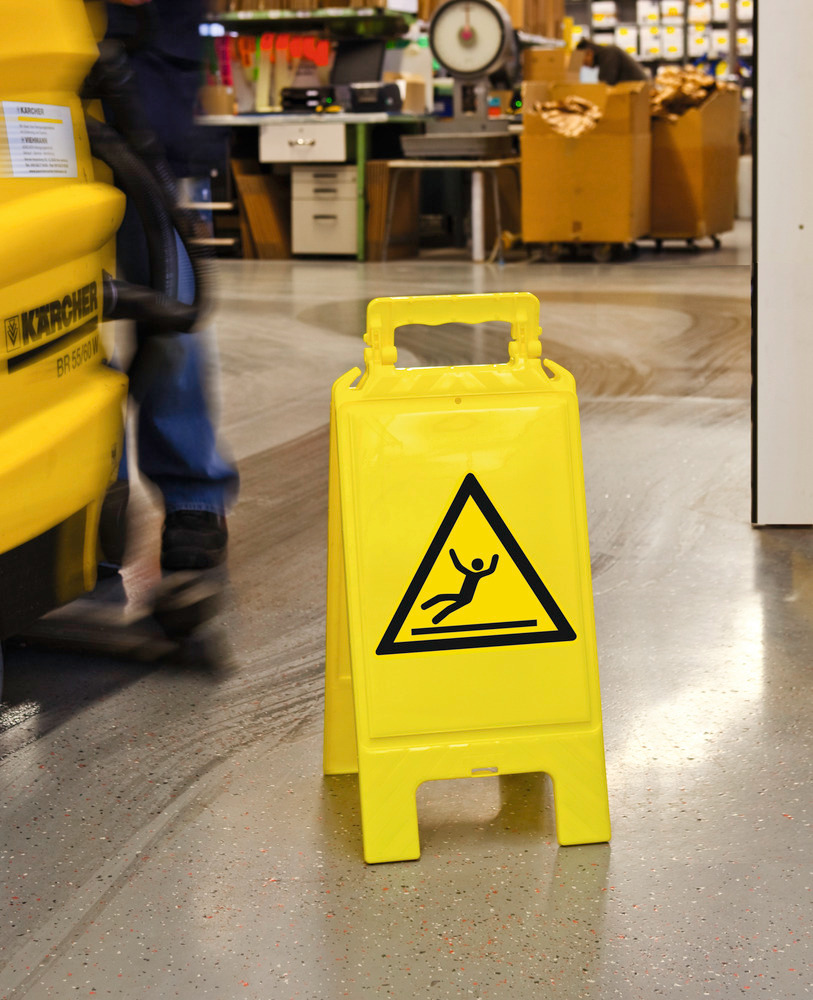 Chevalet d'avertissement, jaune, plastique, signalisation zone de danger, symbole « anti-glisse » - 1