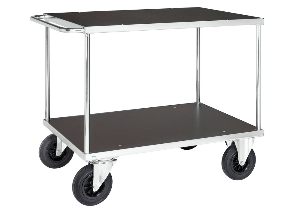 Tischwagen KM, verzinkt, 2 MDF-Böden beschichtet, 500Kg, 1300x800 mm, Vollgummi-Rollen, Bremse