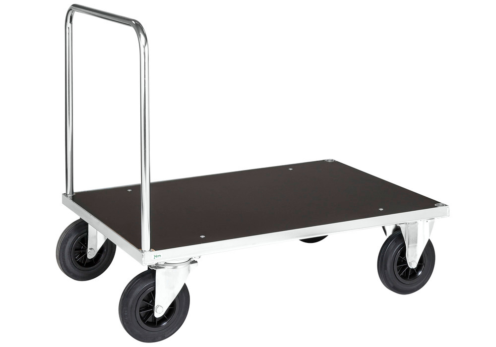 Platform trolley KM with handle, galv., MDF coated board, 500Kg, 1200x800 mm, solid rubber, brake - 1