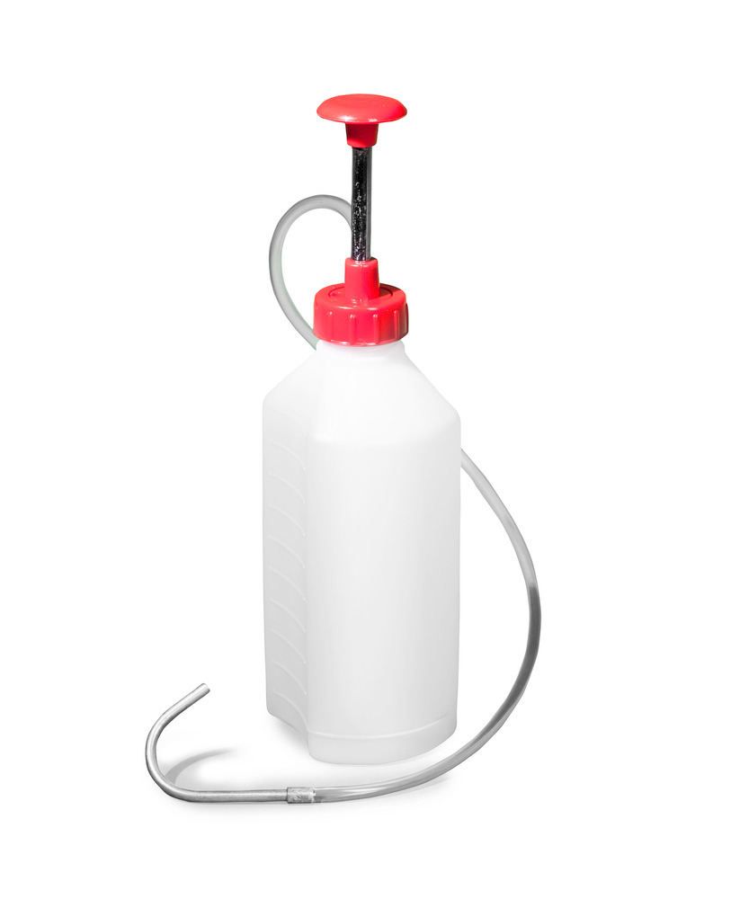 PE lahev s čerpací jednotkou a flexibilní vypouštěcí hadicí s hliníkovou špičkou, objem 1 litr - 1