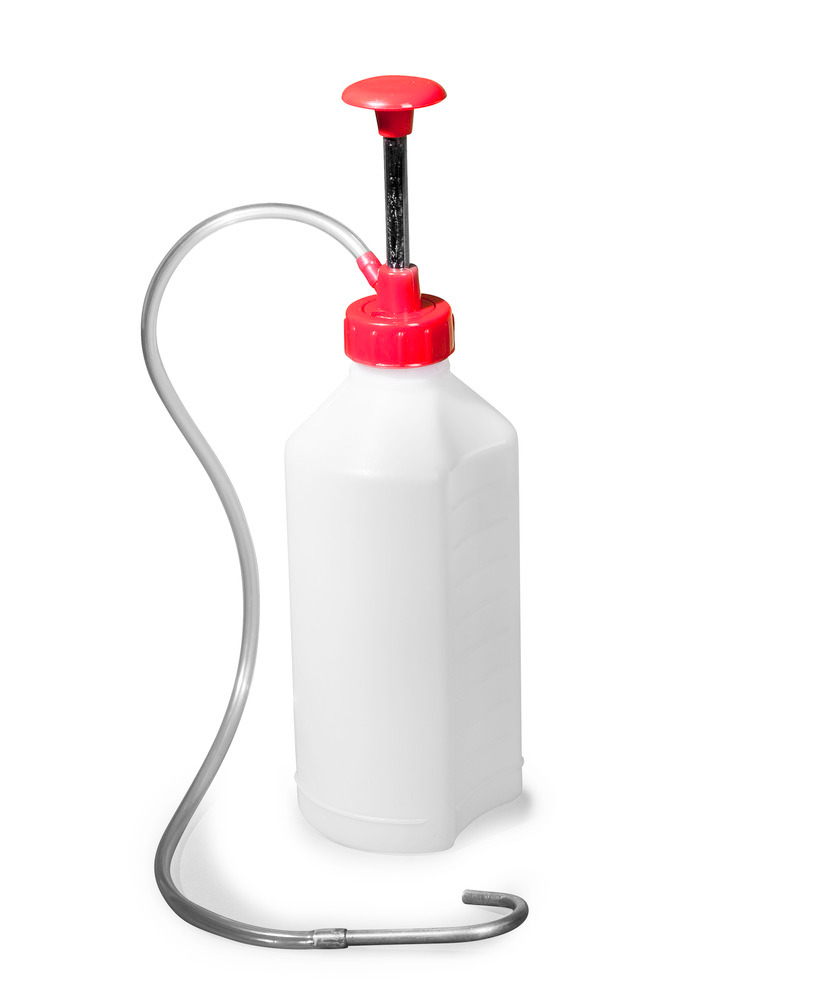 PE lahev s čerpací jednotkou a flexibilní vypouštěcí hadicí s hliníkovou špičkou, objem 1 litr - 2