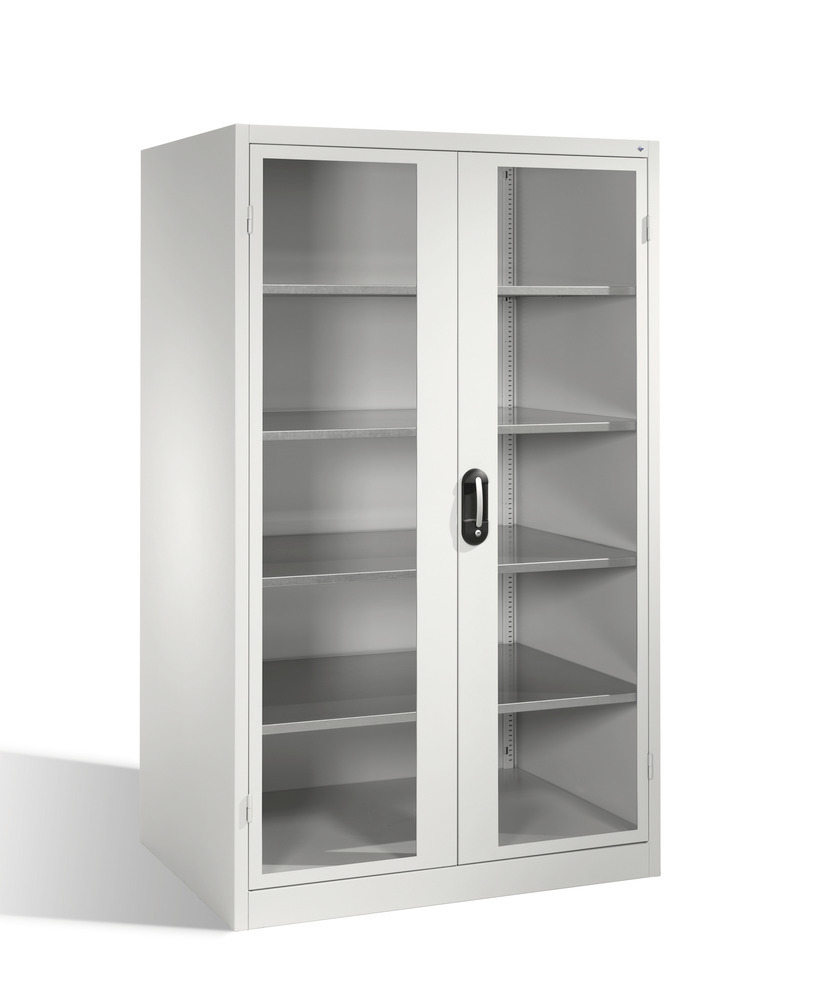 Tooling and equipment cabinet Cabo, wing drs, 4 shelves, view window, W 1200, D 800, H 1950 mm, grey - 1
