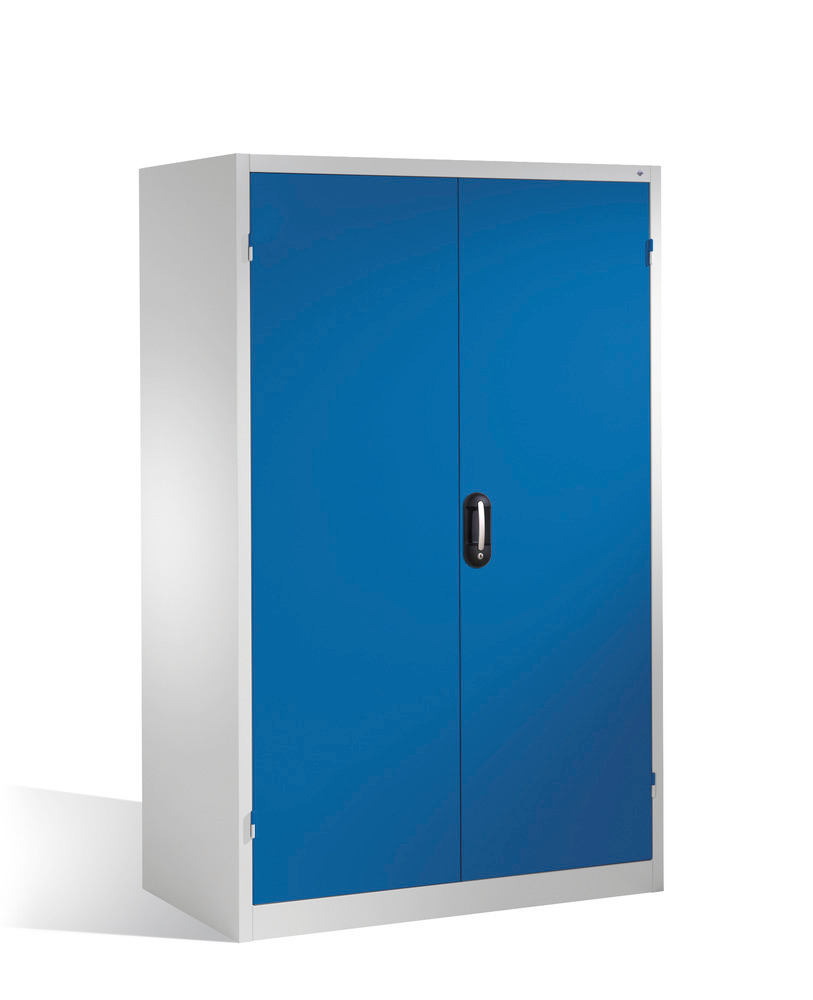 Armoire à outillage lourd Cabo, portes battantes, 4 étagères, L 1200, P 800, H 1950 mm, gris/bleu