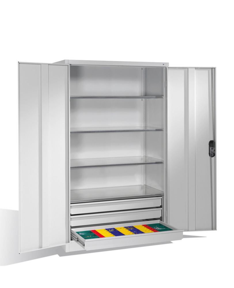 Tooling and equipment cabinet Cabo, wing doors, 4 shelves, 3 drawers, W 1200, D 600, H 1950 mm, grey - 2