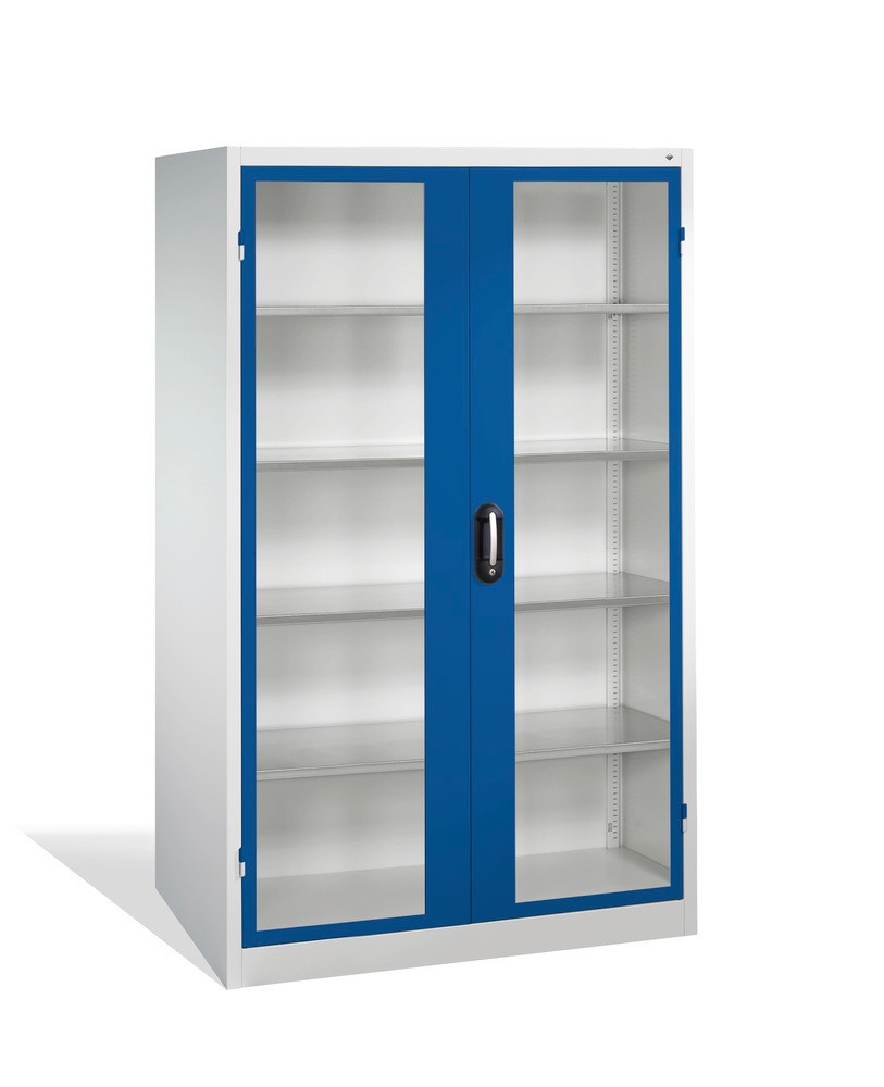 Tooling equipment cabinet Cabo, wing drs, 4 shelv, view. window, W 1200, D 600, H 1950 mm, grey/blue - 1