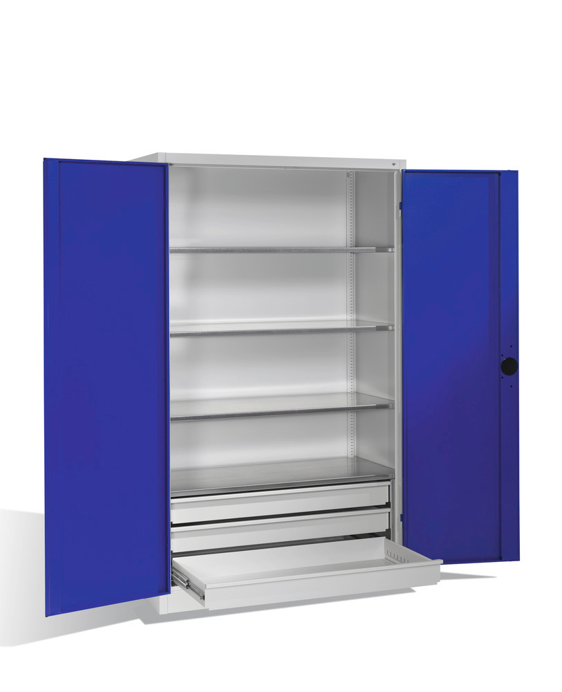 Ciężka szafa narzędziowa Cabo, drzwi obrotowe, 4 półki, 3 szuflady, 1200x600x1950mm, szaro-niebieska - 1