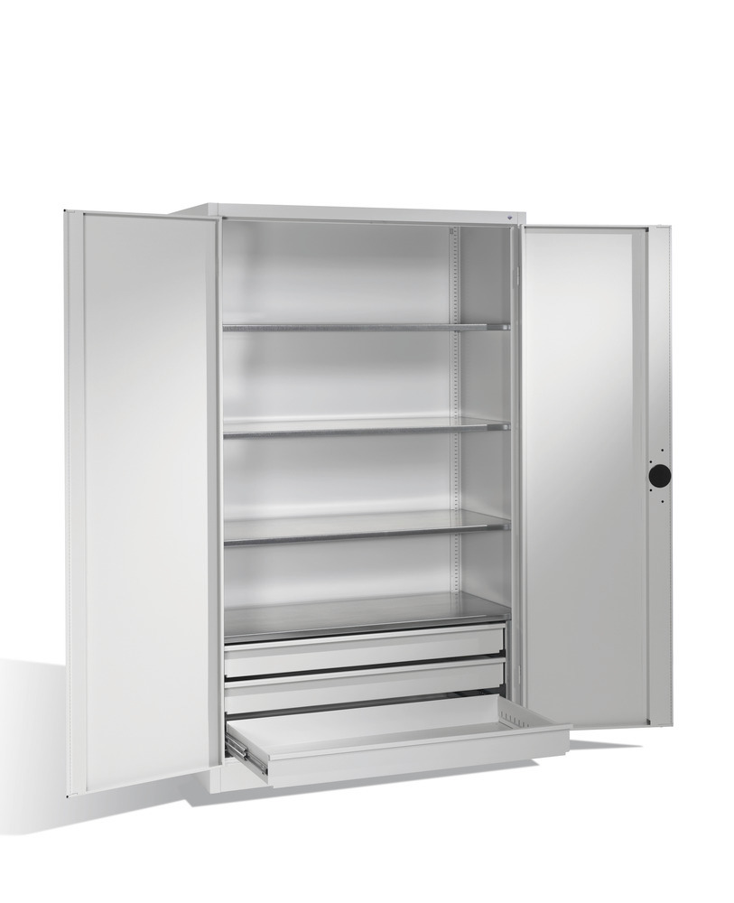 Heavy duty tool storage cabinet Cabo, wing doors, 4 shelves, 3 draws, W 1200, D 500, H 1950 mm, grey - 1