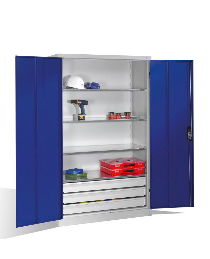 Tooling equipment cabinet Cabo, wing drs, 4 shelves, 3 drawers, W 1200, D 400, H 1950 mm, grey/blue - 1
