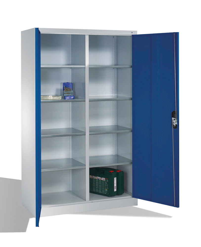 Tooling and equipment cabinet Cabo, wing doors, 10 compartments, W 1200, D 500, H 1950 mm, grey/blue - 1
