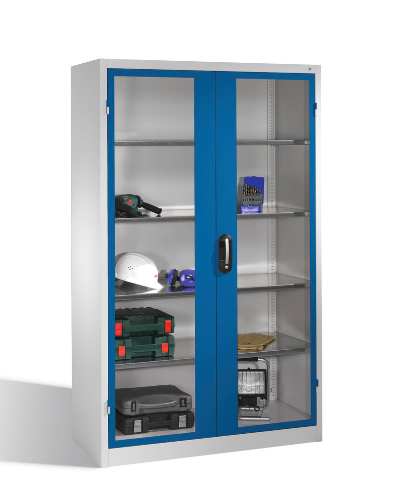 Tooling equipment cabinet Cabo, wing drs, 4 shelv, view. window, W 1200, D 500, H 1950 mm, grey/blue - 1