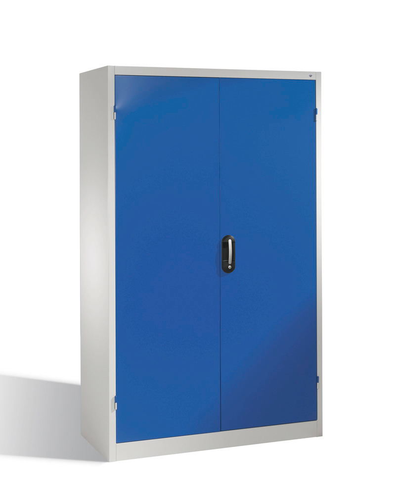 Armoire à outillage lourd Cabo, portes battantes, 4 étagères, L 1200, P 400, H 1950, gris/bleu