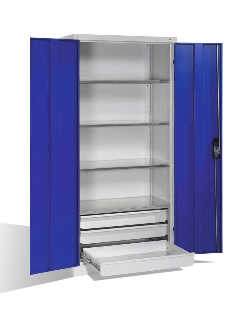 Tooling and equipment cabinet Cabo, wing doors and drawers, W 930, D 500, H 1950 mm, grey/blue - 1
