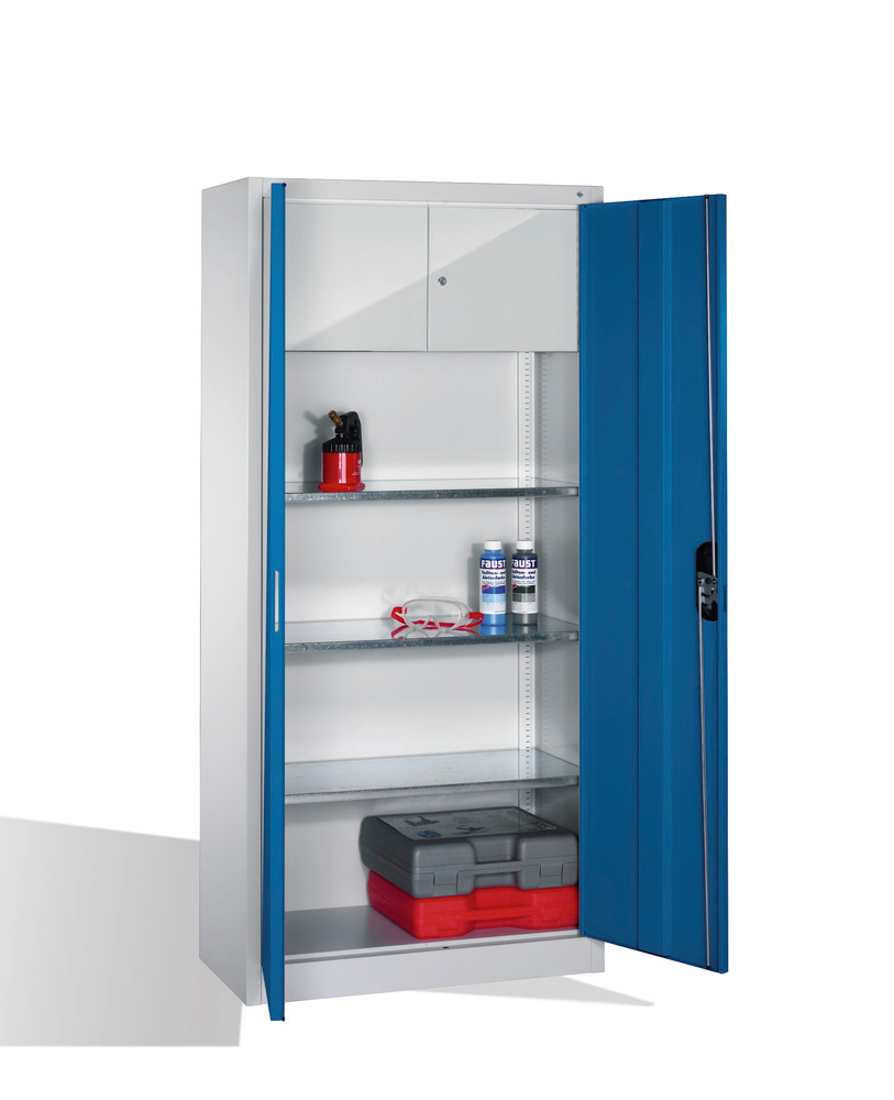 Tooling equipment cabinet Cabo, wing drs, val. compt., 3 shelves, W 930, D 500, H 1950 mm, grey/blue - 1