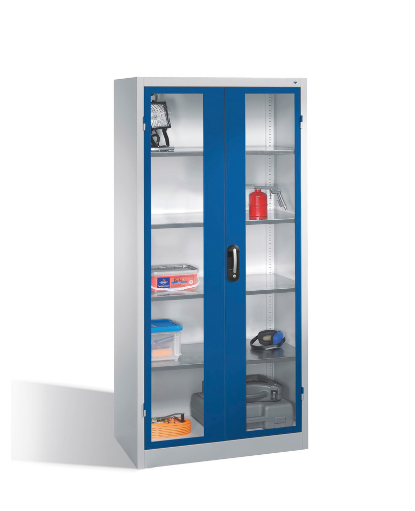 Tooling equipment cabinet Cabo, wing drs, view window, 4 shelves, W 930, D 500, H 1950 mm, grey/blue - 1