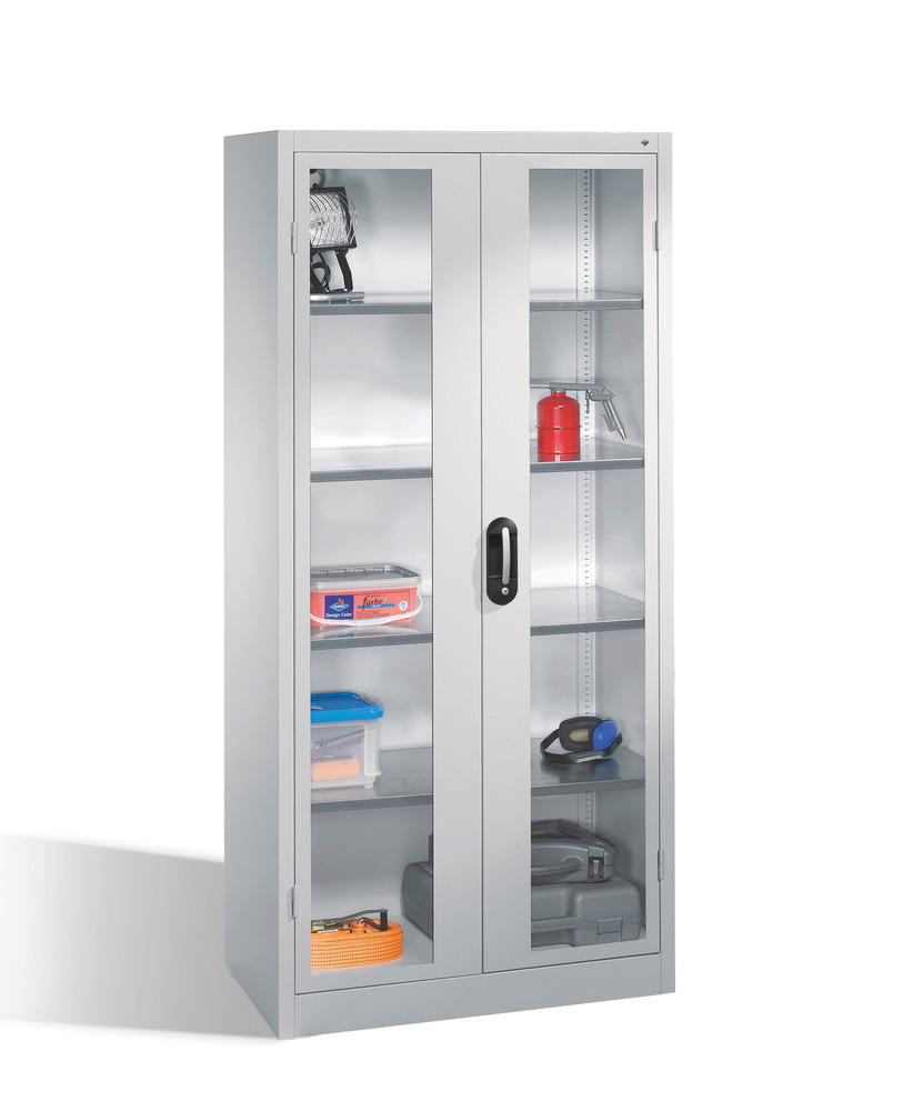 Tooling equipment cabinet Cabo, wing drs, view window, 4 shelves, W 930, D 500, H 1950 mm, grey - 1