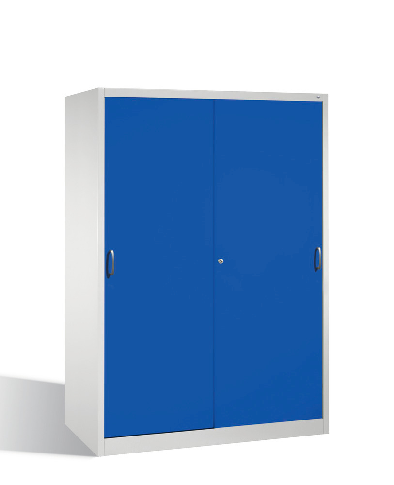 Armoire pour matériel Cabo, portes coulissantes, 8 étagères, L 1600, P 600, H 1950, gris/bleu - 1