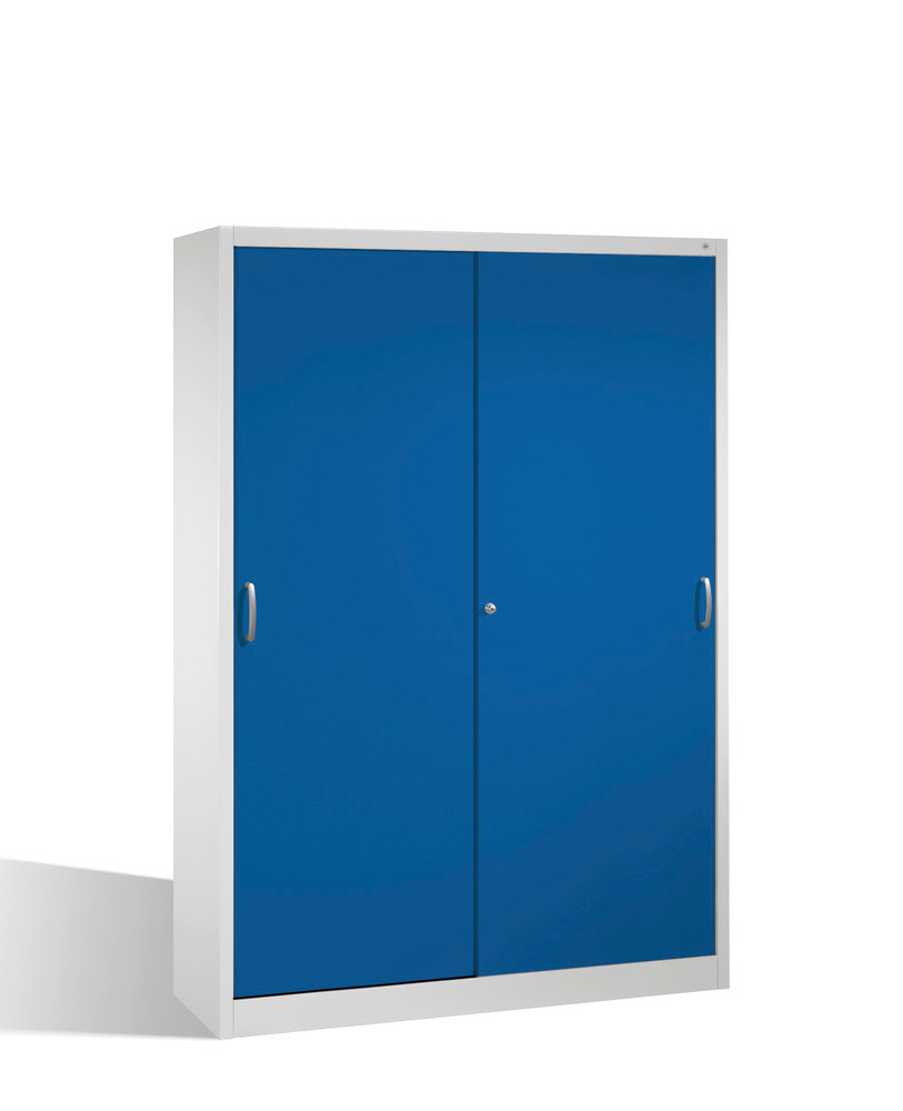Armoire pour matériel Cabo, portes coulissantes, 8 étagères, L 1600, P 400, H 1950, gris/bleu