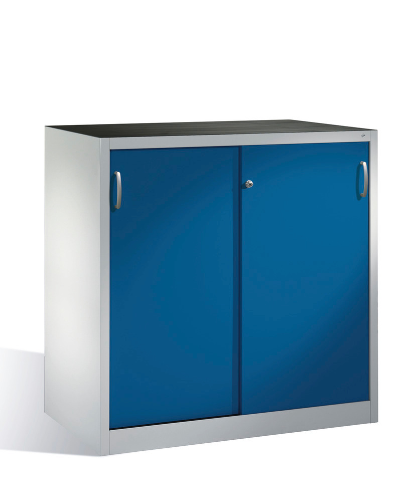 Tool storage cabinet Cabo with sliding doors, 2 shelves, W 1200, D 600, H 1200 mm, grey/blue - 1
