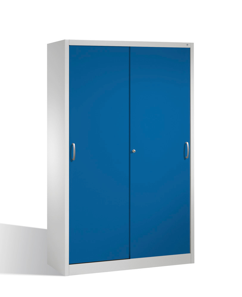 Ciężka szafa narzędziowa Cabo, drzwi zasuwane, 4 półki wkładane, 1200x500x1950 mm, szaro-niebieska - 1