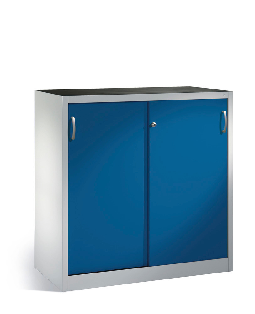 Tool storage cabinet Cabo with sliding doors, 2 shelves, W 1200, D 500, H 1200 mm, grey/blue - 1