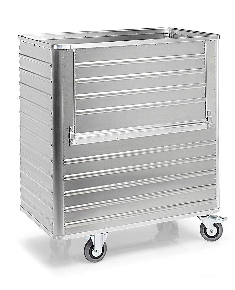 Transport container TW 1050-B, without lid, fold-down flap, 2 swivel and 2 fixed wheels, 1050 litres - 1