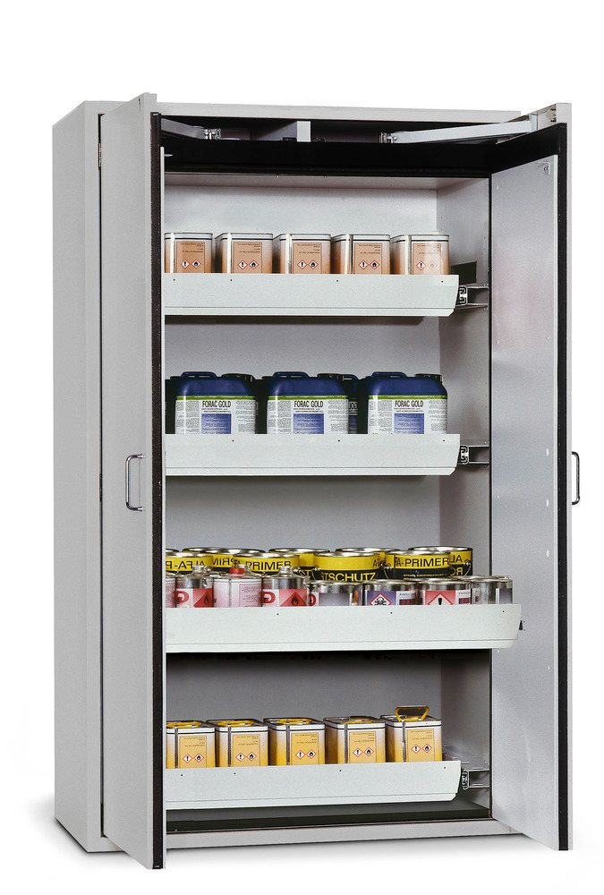 asecos fire-rated hazmat cabinet Edition-G, 4 slide-out spill trays, grey, Model GA 1200-4 - 1