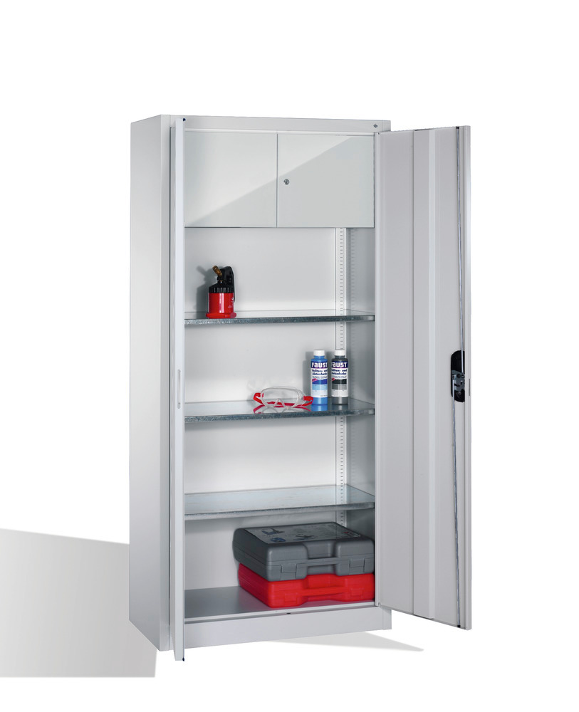 Tooling equipment cabinet Cabo, wing drs, 3 shelves and val comp, W 930, D 400, H 1950 mm, grey - 2
