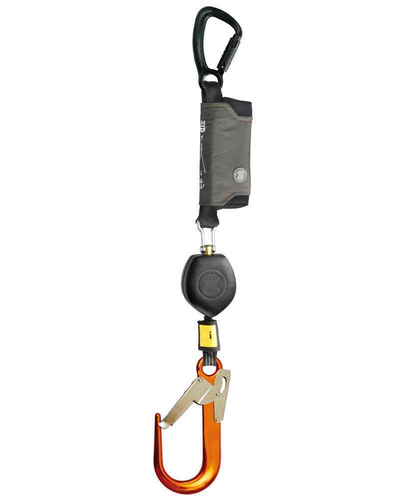 Fall arrest equipment Peanut I, for lift platforms, with plastic housing and belt strap, length 1.8m - 1