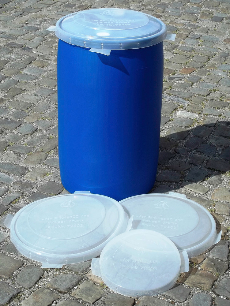Tampas para bidão de 120 litros em PE, com 4 flanges de fixação, cor natural transparente, pack 5 - 1