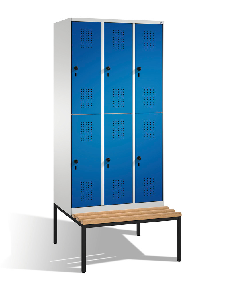 Garderobeskab Evolo med bænk, 3 sektioner, B 900, D 500/815, H 2090 mm, grå/blå - 1