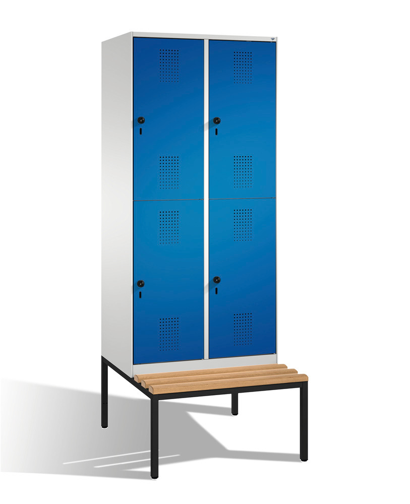 Garderobeskab Evolo med bænk, 4 sektioner, B 800, D 500/815, H 2090 mm, grå/blå - 1