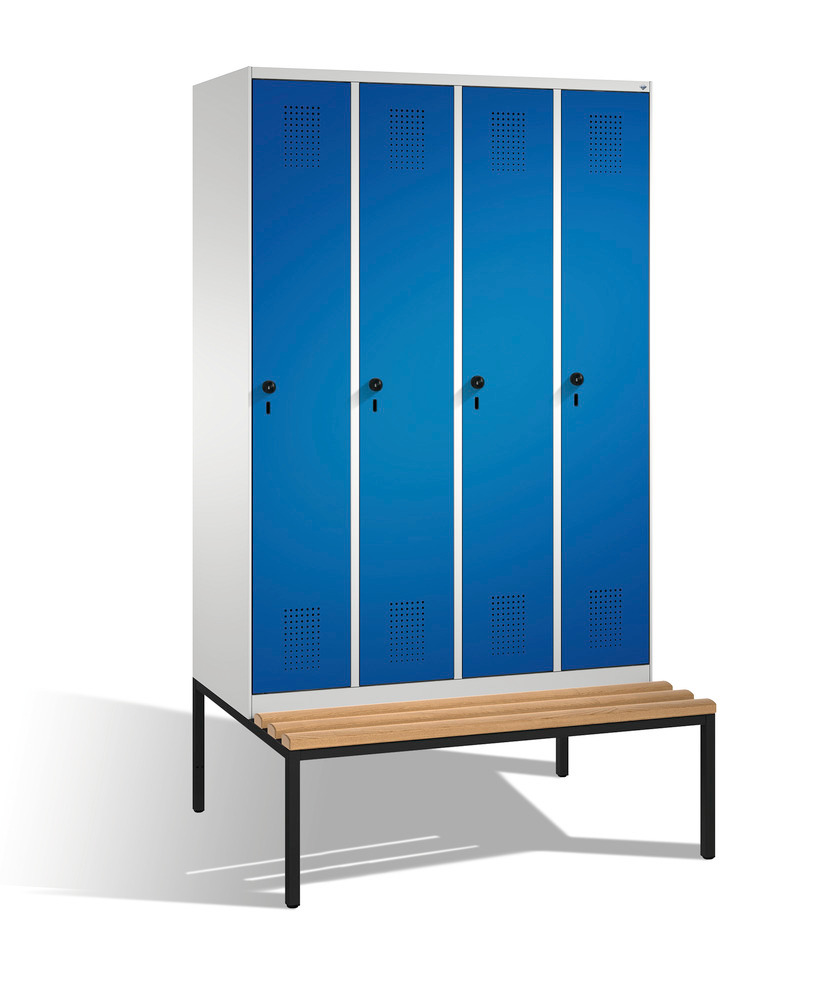 Šatní skříň Evolo s lavičkou, 4 oddíly, š 1200, v 2090, h 500/815 mm, šedo-modrá - 1