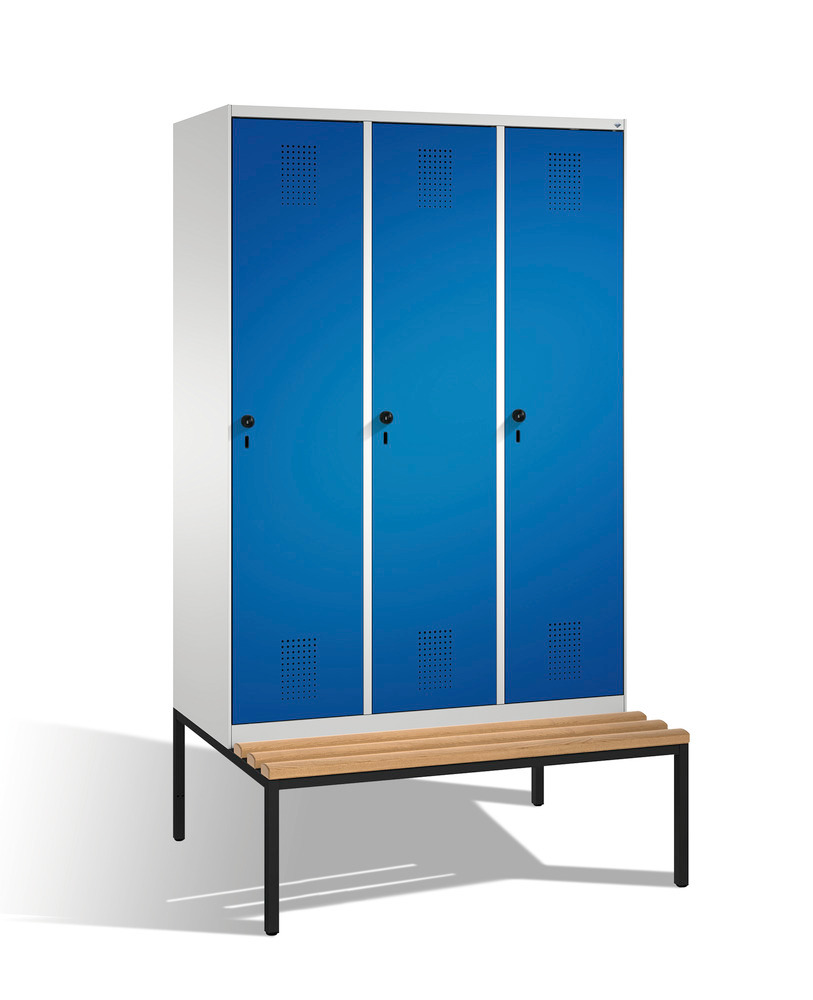 Šatní skříň Evolo s lavičkou, 3 oddíly, š 1200, v 2090, h 500/815 mm, šedo-modrá