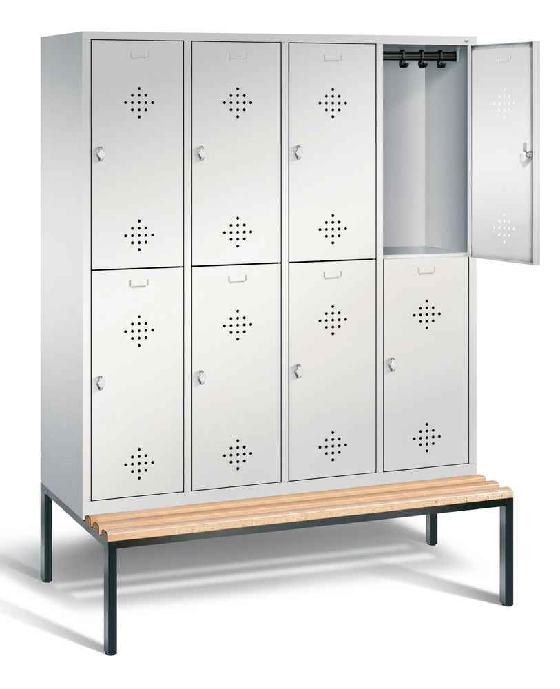 Double locker with bench Cabo, 8 compartments, W 1590, H 2090, D 500/815, grey/grey - 1